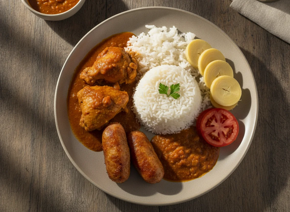 Prato feito brasileiro com frango ensopado, linguiça e palmito photo