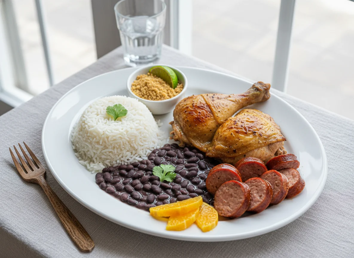 Prato feito brasileiro com frango, feijão, arroz e linguiça photo