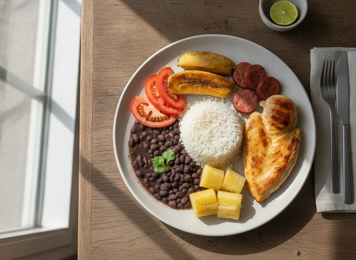 Prato Feito Brasileiro com Frango, Feijão, Arroz, Mandioca e Banana photo