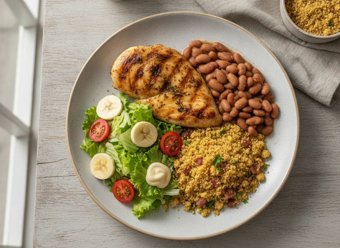 Prato Feito Brasileiro com Frango, Feijão, Farofa e Salada photo
