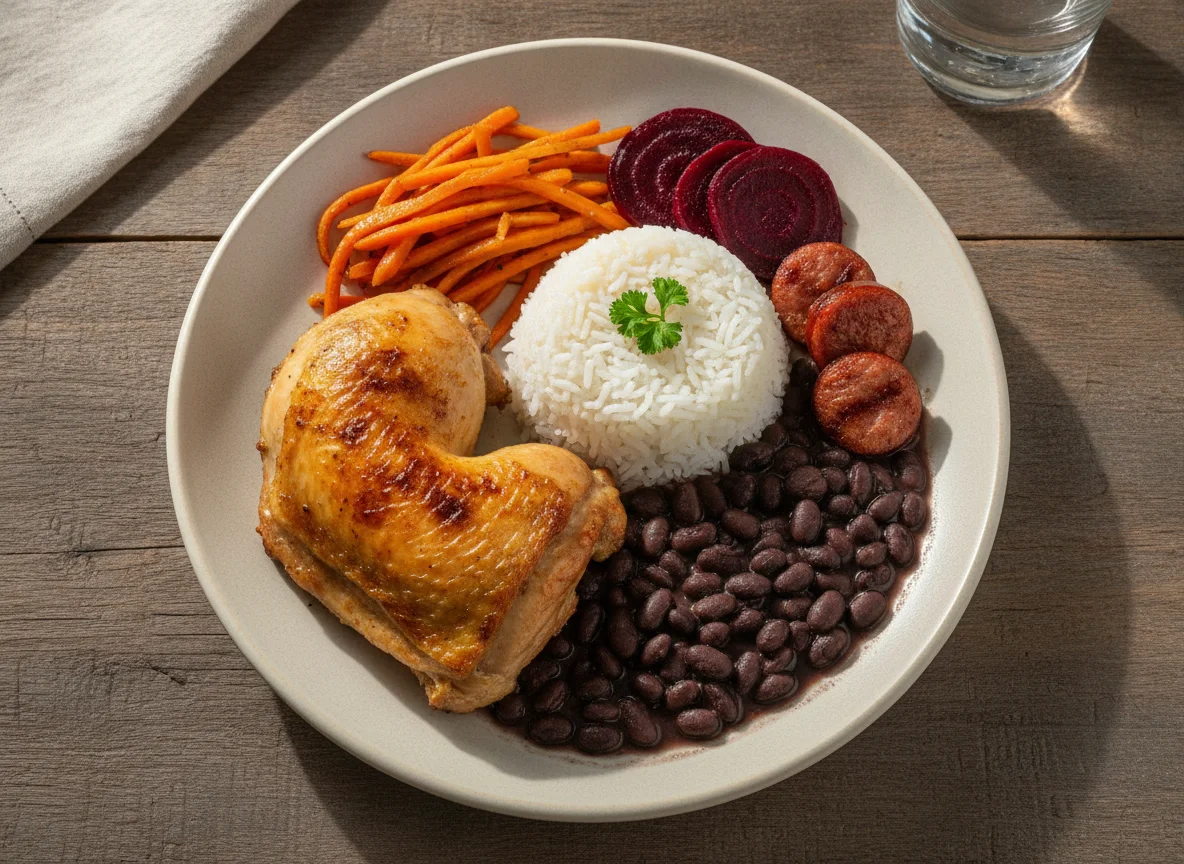 Prato Feito Brasileiro com Frango, Feijão Preto, Arroz, Cenoura e Beterraba photo
