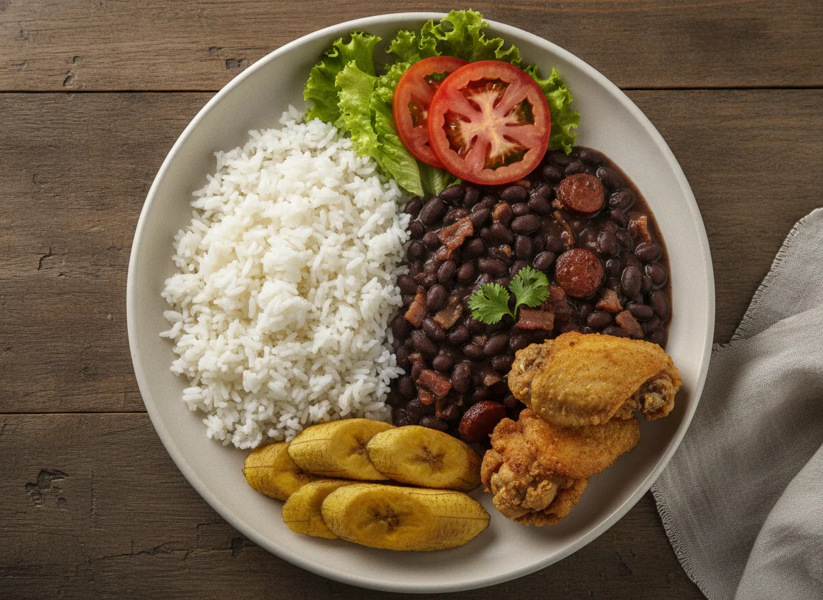 Prato Feito Brasileiro com Frango, Feijão Preto e Banana photo