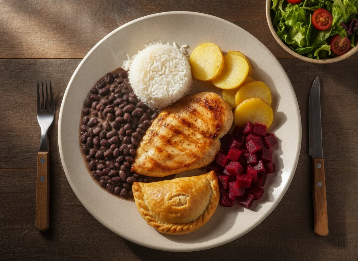 Prato Feito Brasileiro com Frango, Feijão Preto e Legumes photo