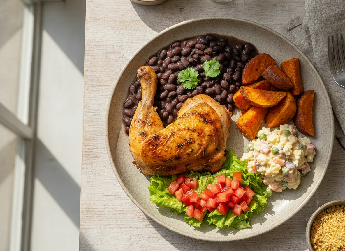 Prato Feito Brasileiro com Frango, Feijão Preto e Salada photo