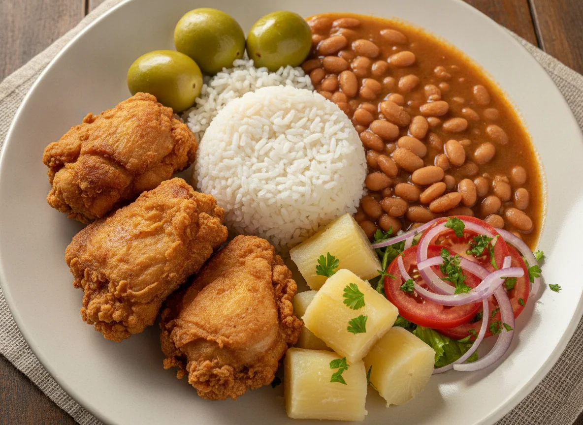 Prato feito brasileiro com frango frito, arroz, feijão, mandioca e salada photo