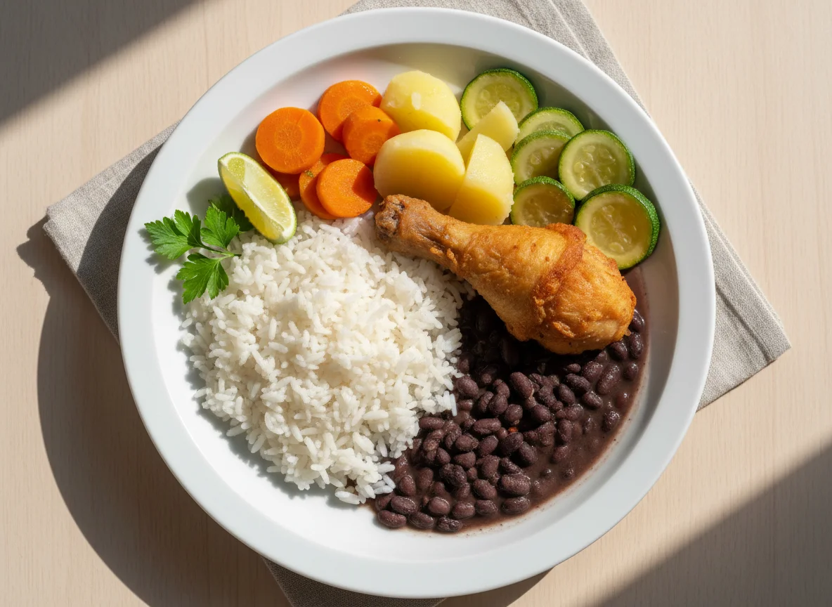 Prato feito brasileiro com frango frito, arroz, feijão e legumes photo