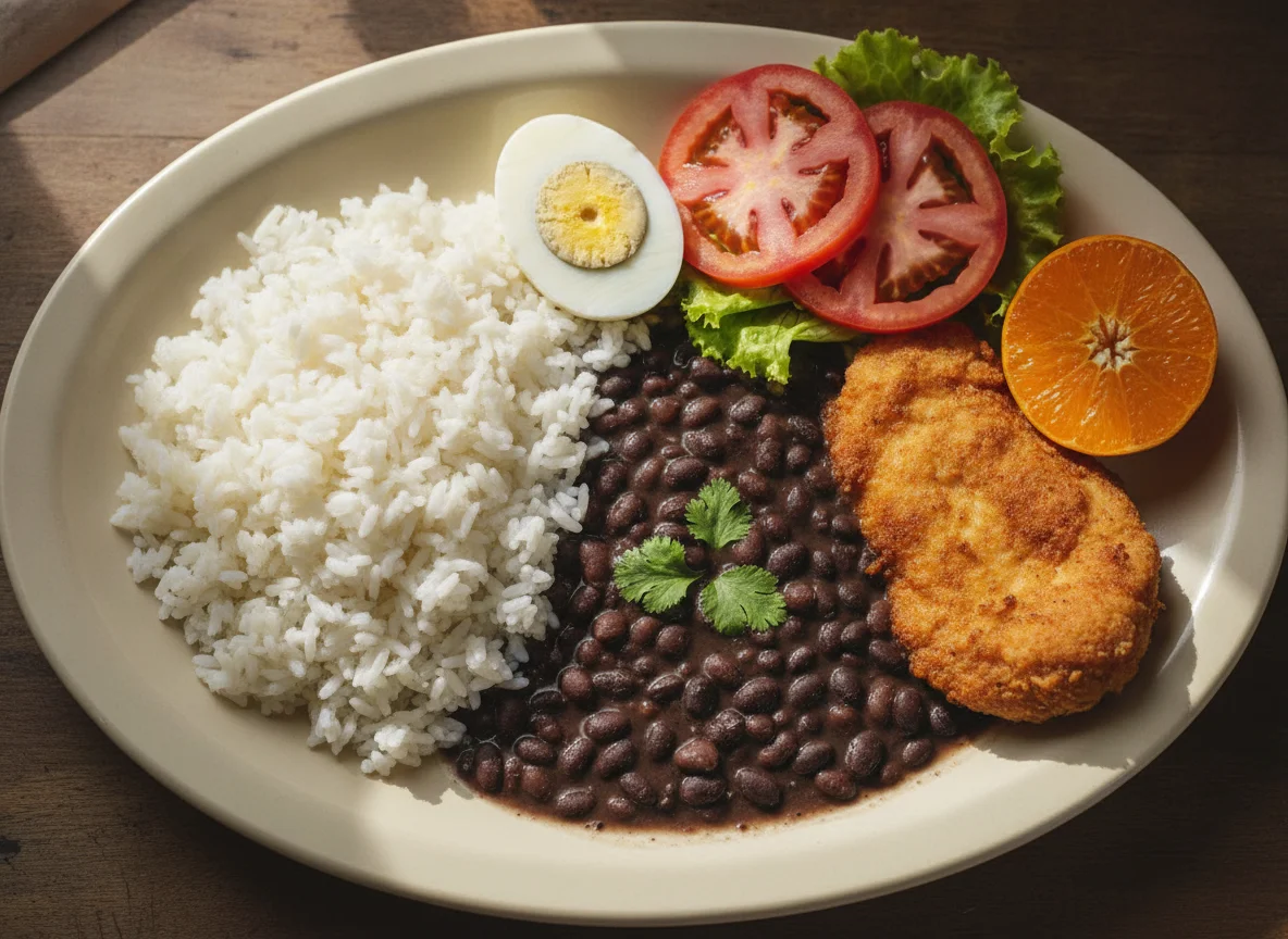 Prato feito brasileiro com frango frito, arroz, feijão, ovo e salada photo