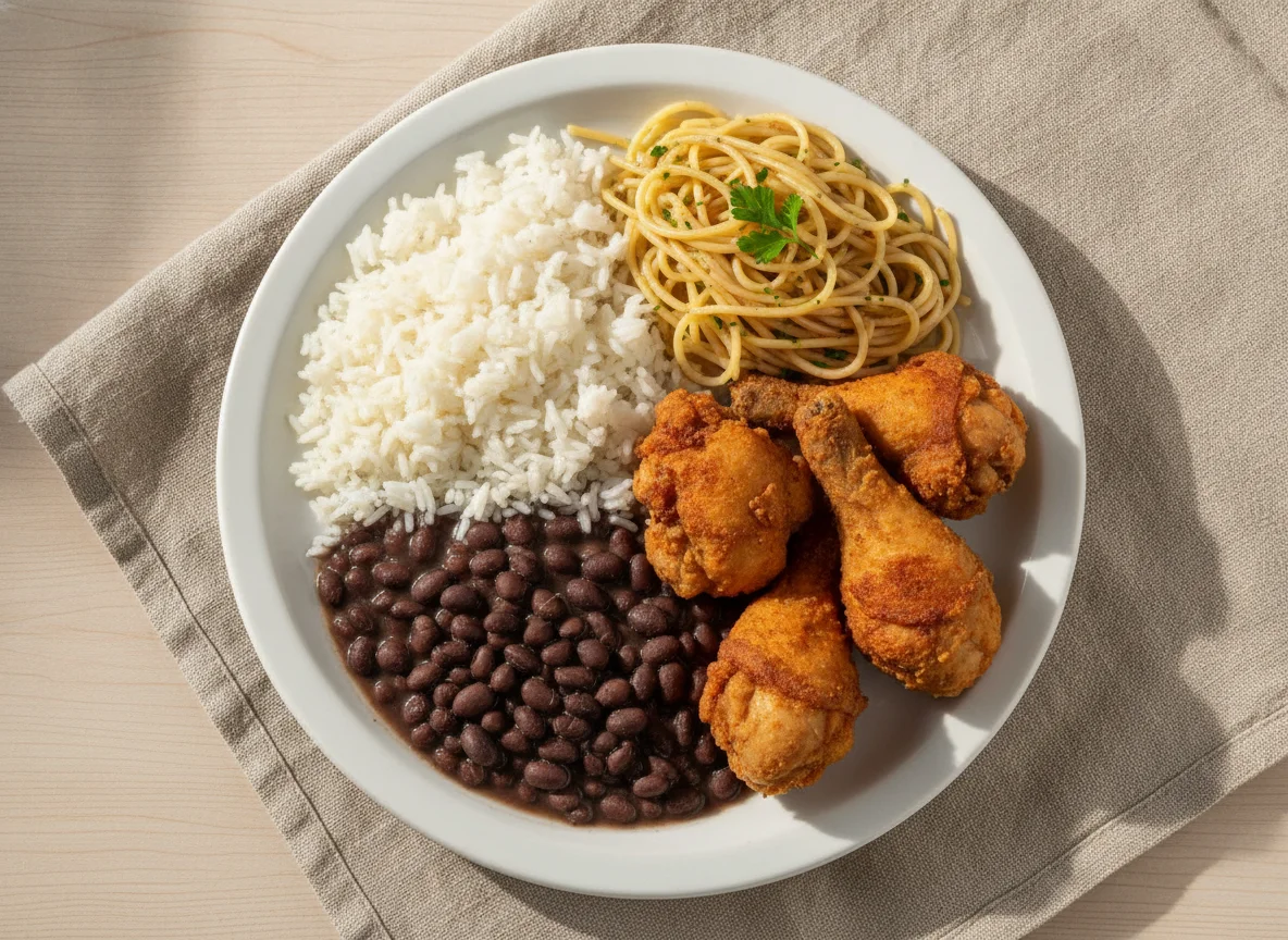 Prato feito brasileiro com frango frito, arroz, feijão e macarrão photo