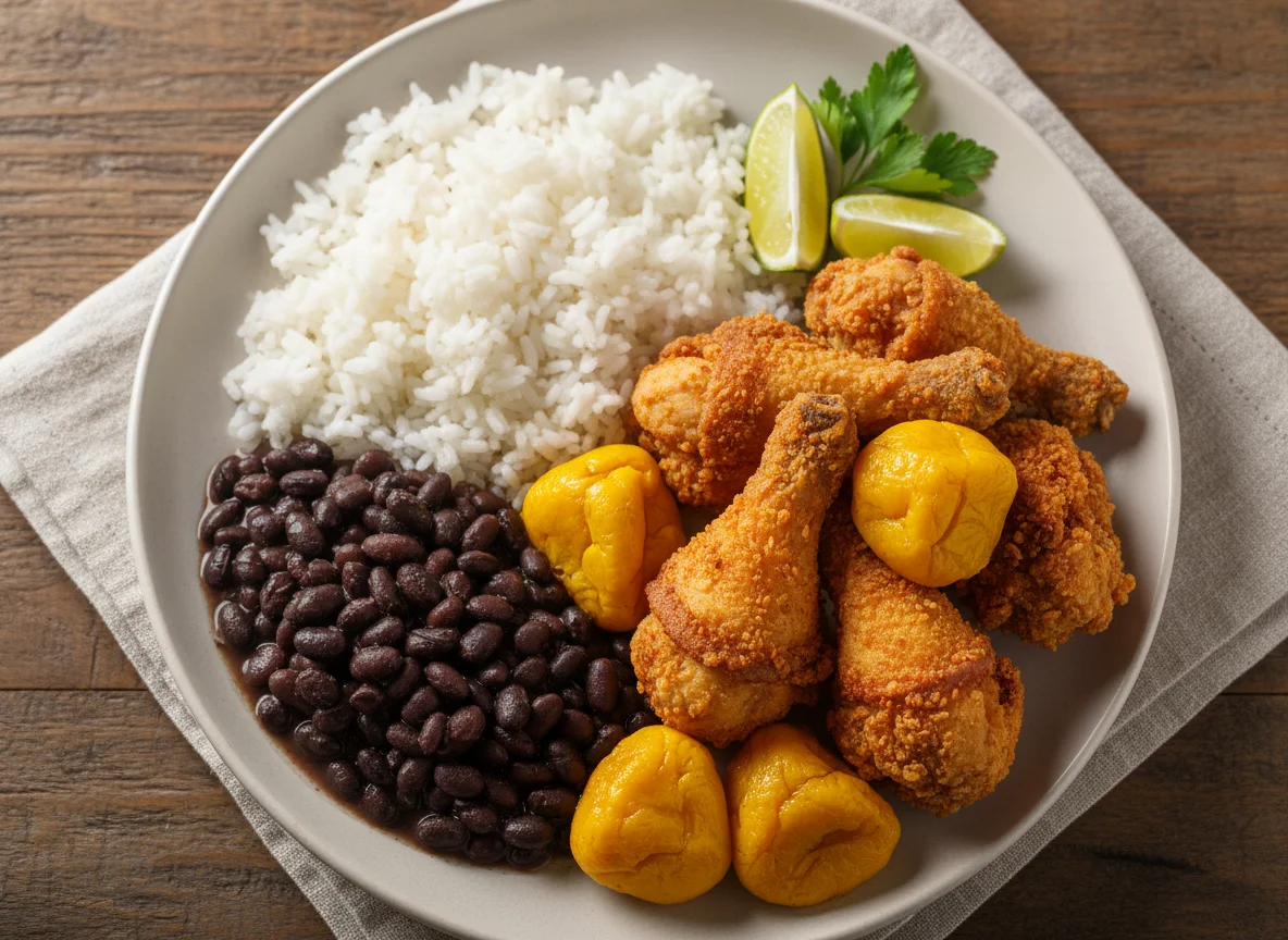 Prato feito brasileiro com frango frito e pequi photo