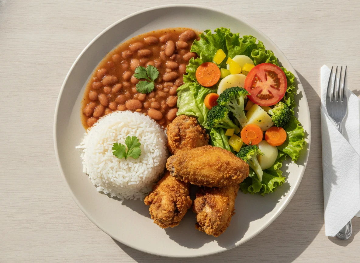Prato feito brasileiro com frango frito e salada photo