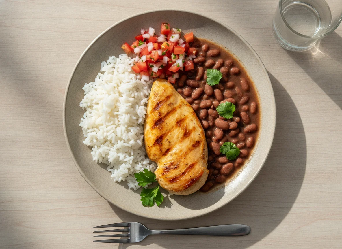 Prato feito brasileiro com frango grelhado, arroz e feijão photo