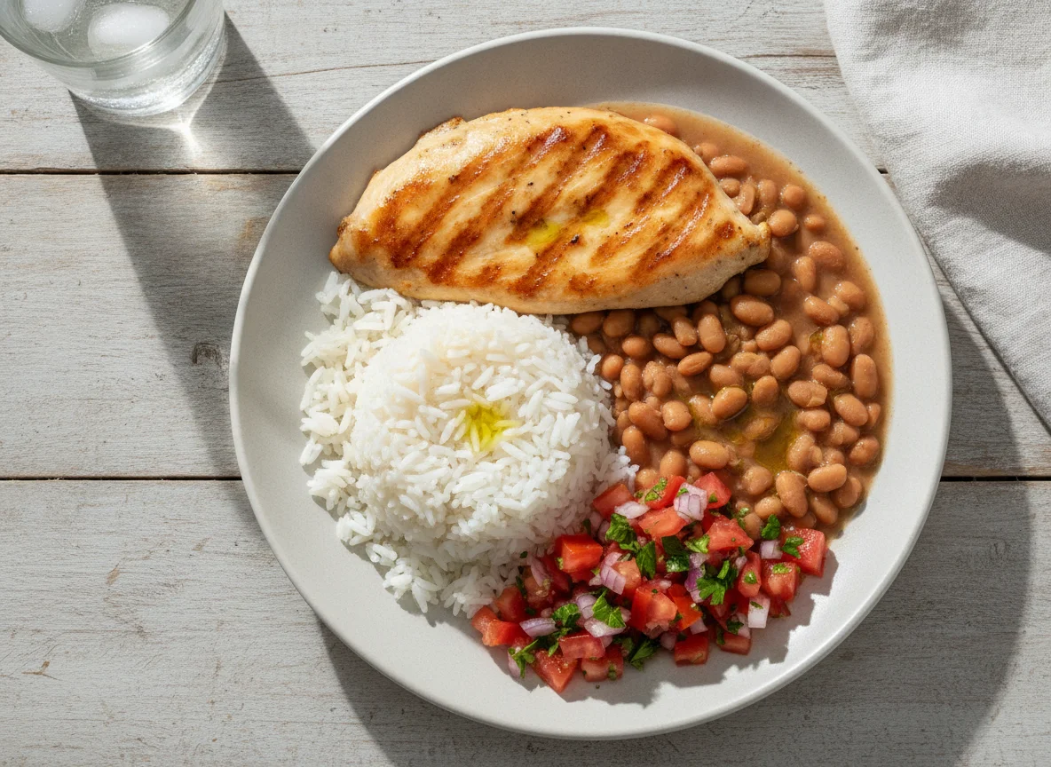 Prato feito brasileiro com frango grelhado, arroz, feijão e vinagrete photo