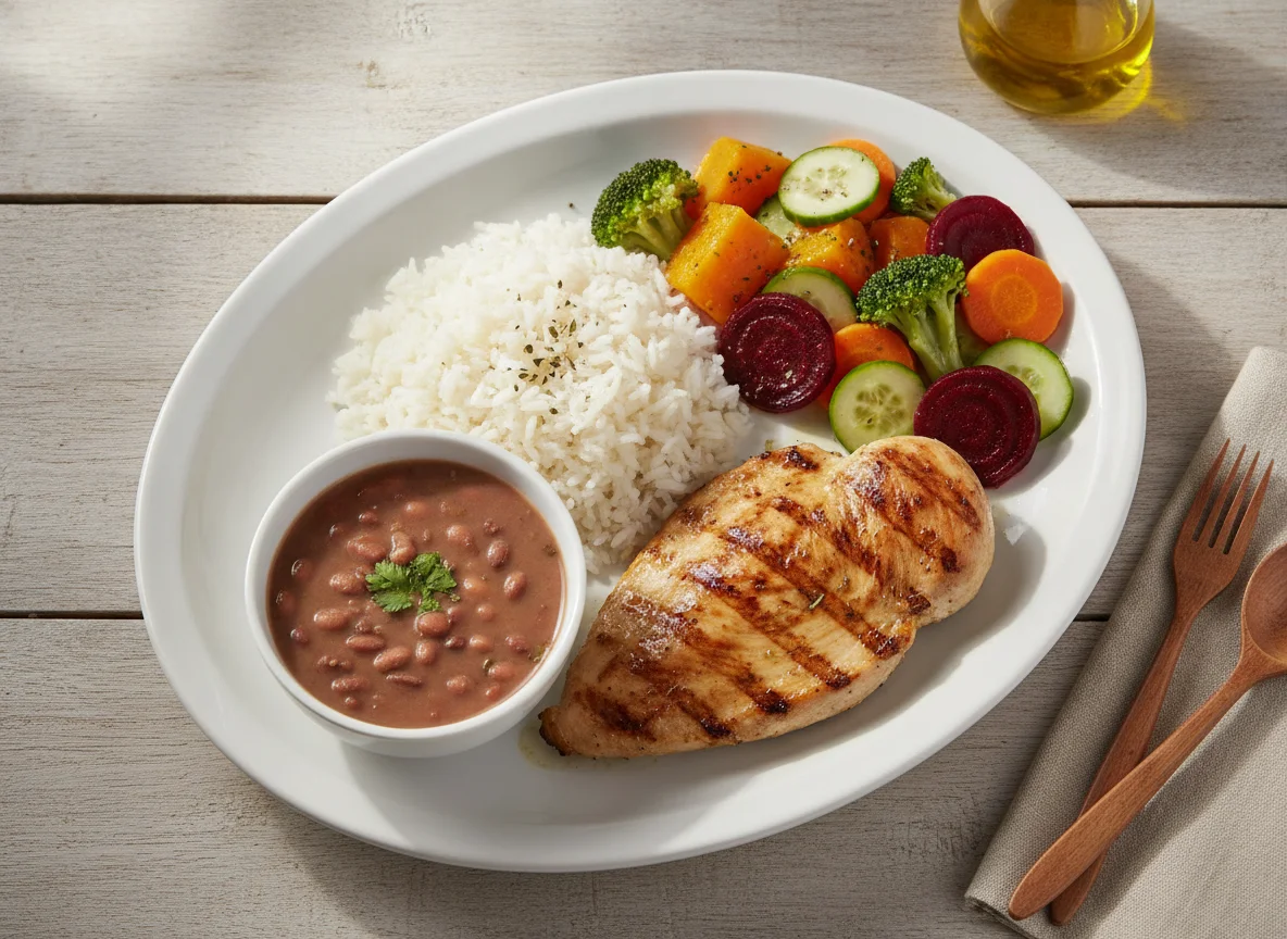 Prato feito brasileiro com frango grelhado, arroz, feijão e salada mista photo