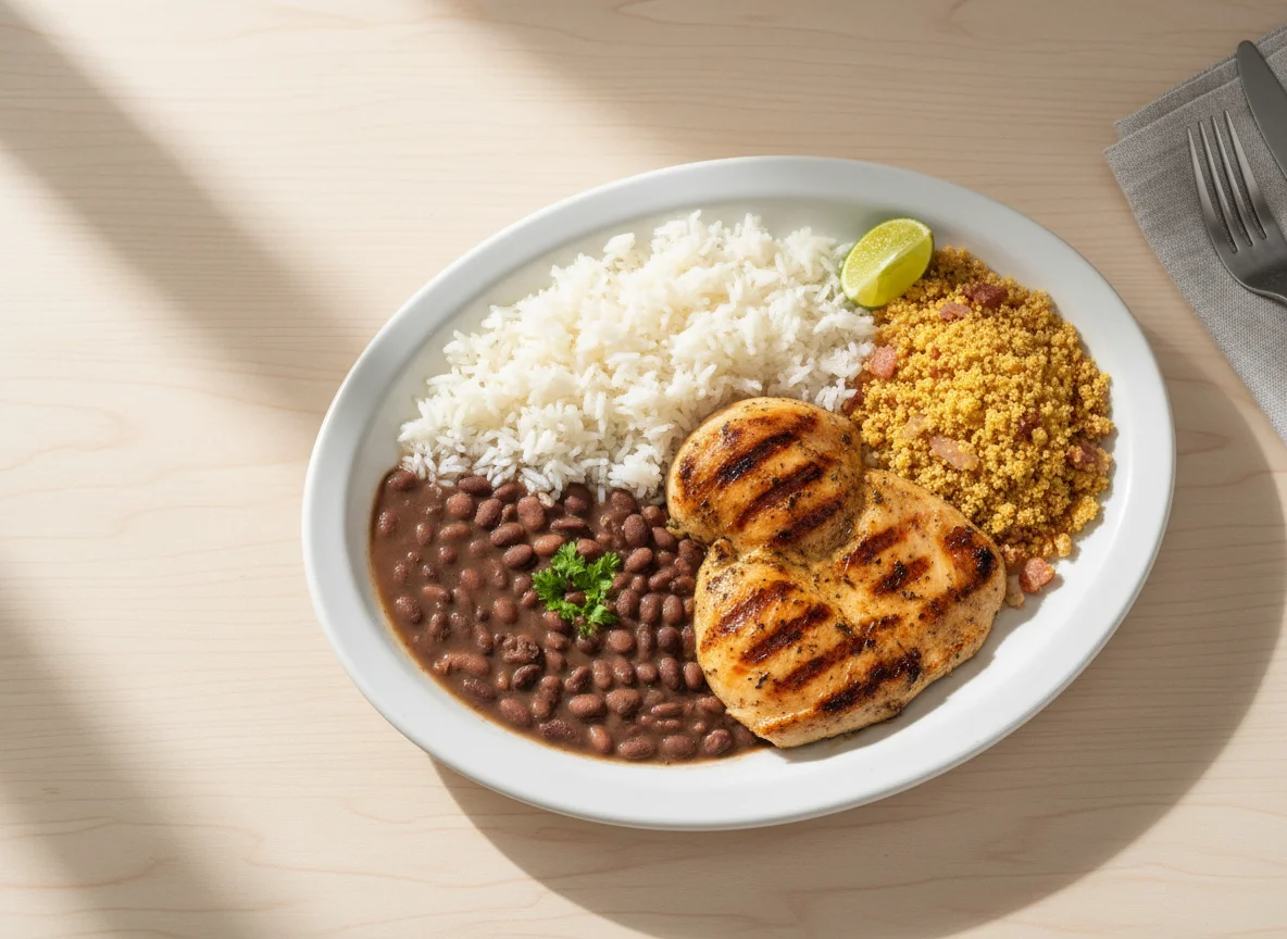 Prato feito brasileiro com frango grelhado, arroz, feijão e farofa photo