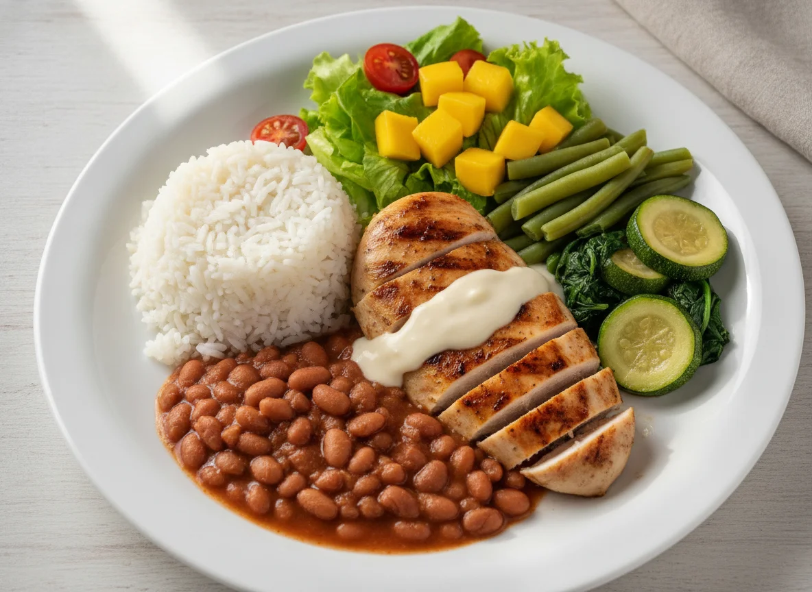 Prato feito brasileiro com frango grelhado, arroz, feijão e vegetais photo