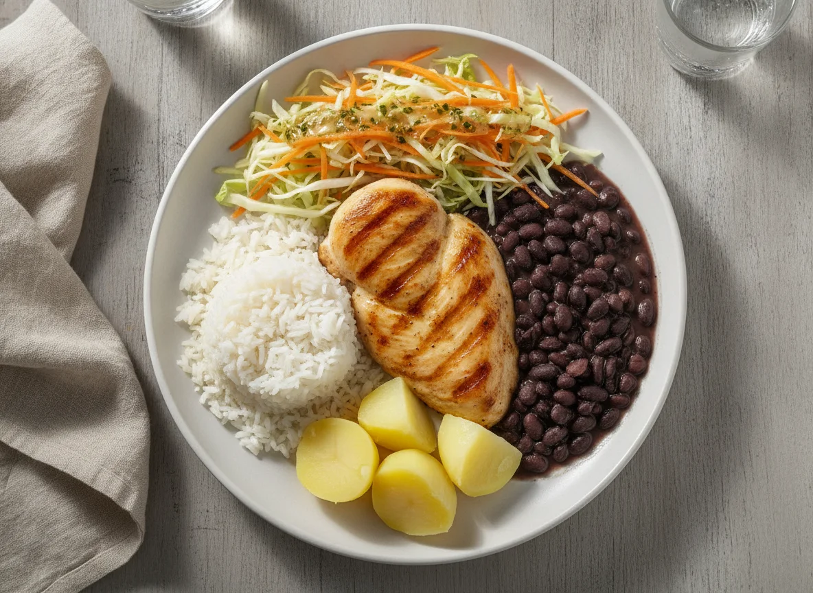 Prato feito brasileiro com frango grelhado, arroz, feijão preto, batata e salada photo