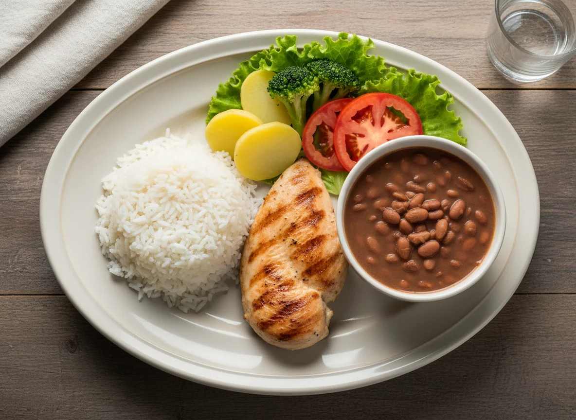 Prato feito brasileiro com frango grelhado, arroz, feijão e salada photo