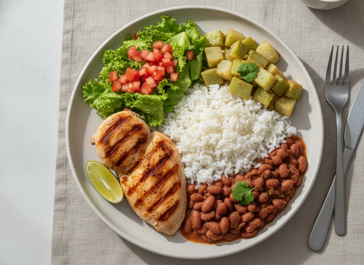 Prato feito brasileiro com frango grelhado, arroz, feijão, chuchu e salada photo