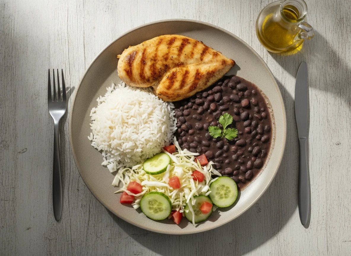 Prato Feito Brasileiro com Frango Grelhado, Arroz, Feijão Preto e Salada photo