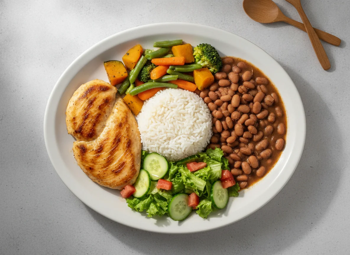 Prato feito brasileiro com frango grelhado, arroz, feijão, legumes e salada photo