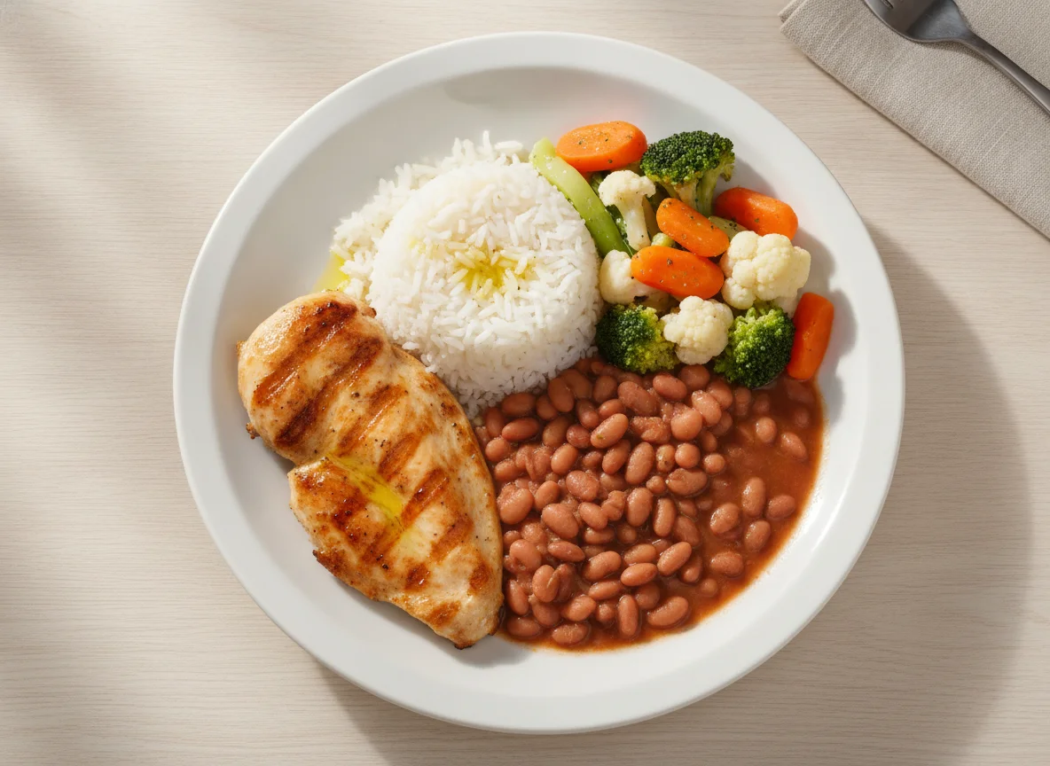 Prato feito brasileiro com frango grelhado, arroz, feijão e legumes photo