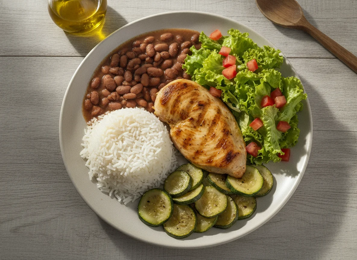 Prato feito brasileiro com frango grelhado, arroz, feijão, salada e abobrinha photo