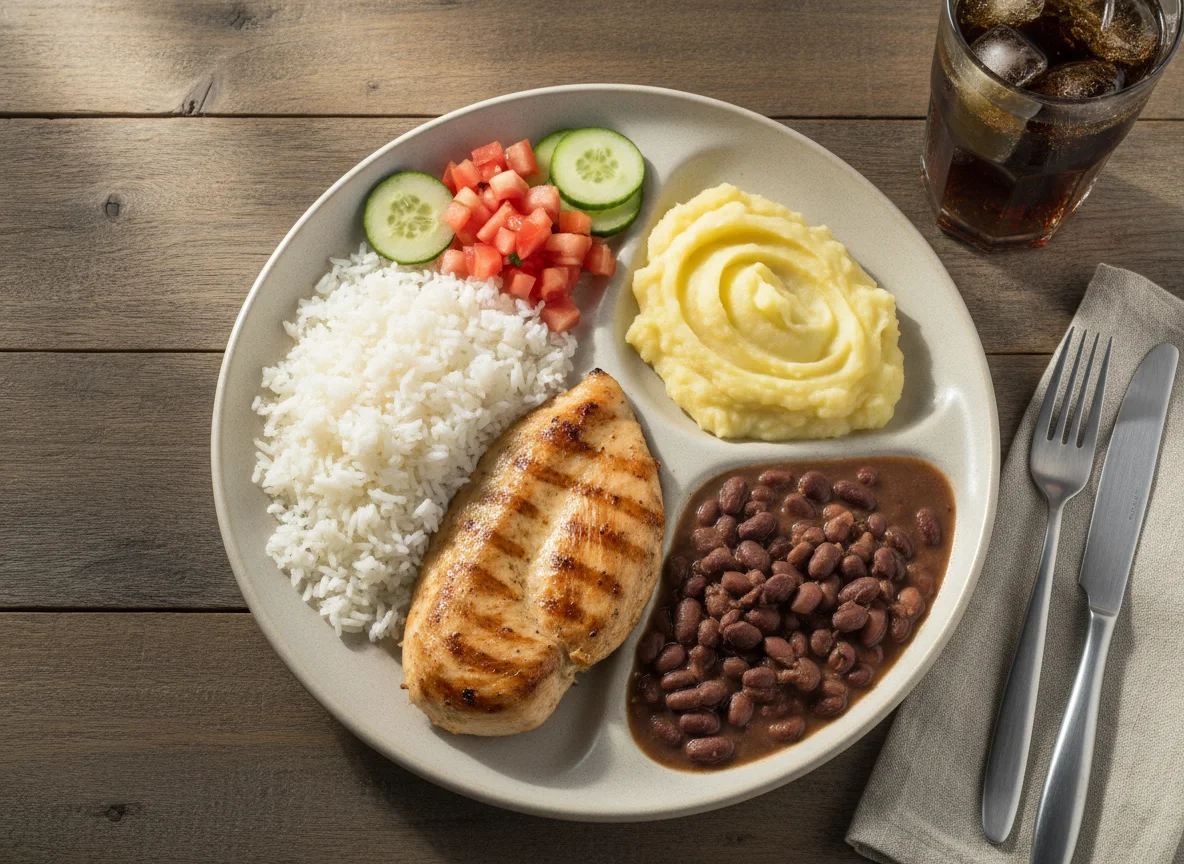 Prato feito brasileiro com frango grelhado, arroz, feijão e purê photo