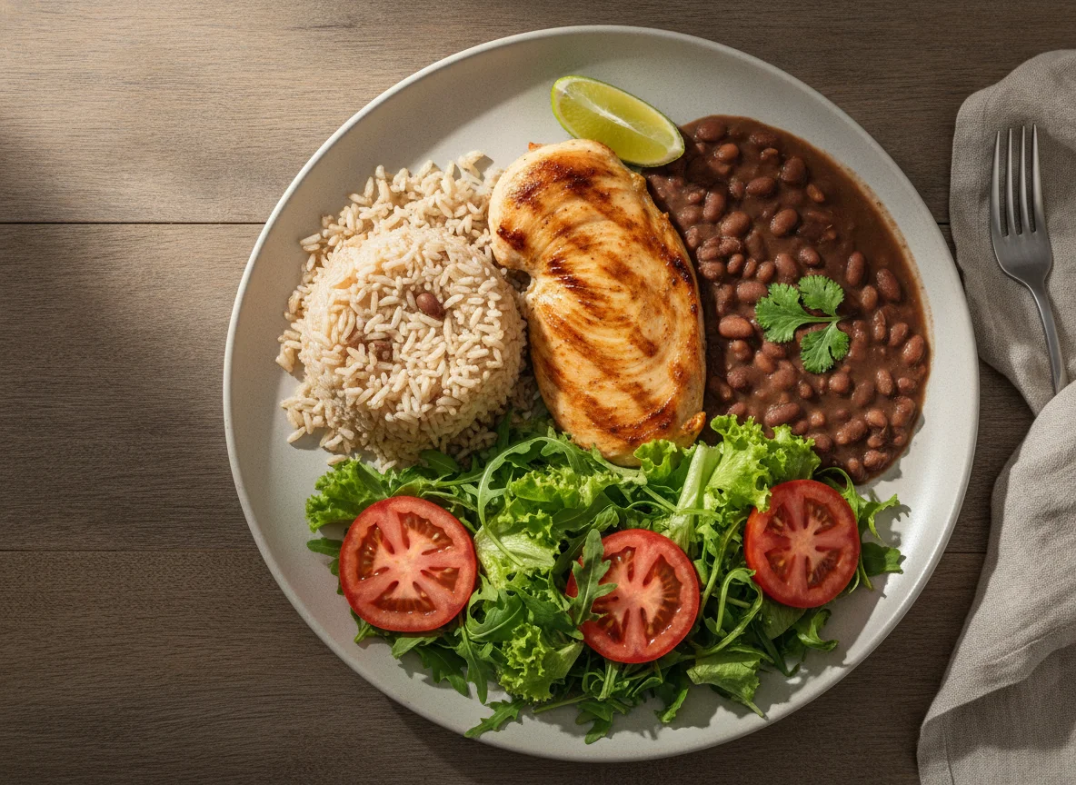Prato feito brasileiro com frango grelhado, arroz integral, feijão e salada photo