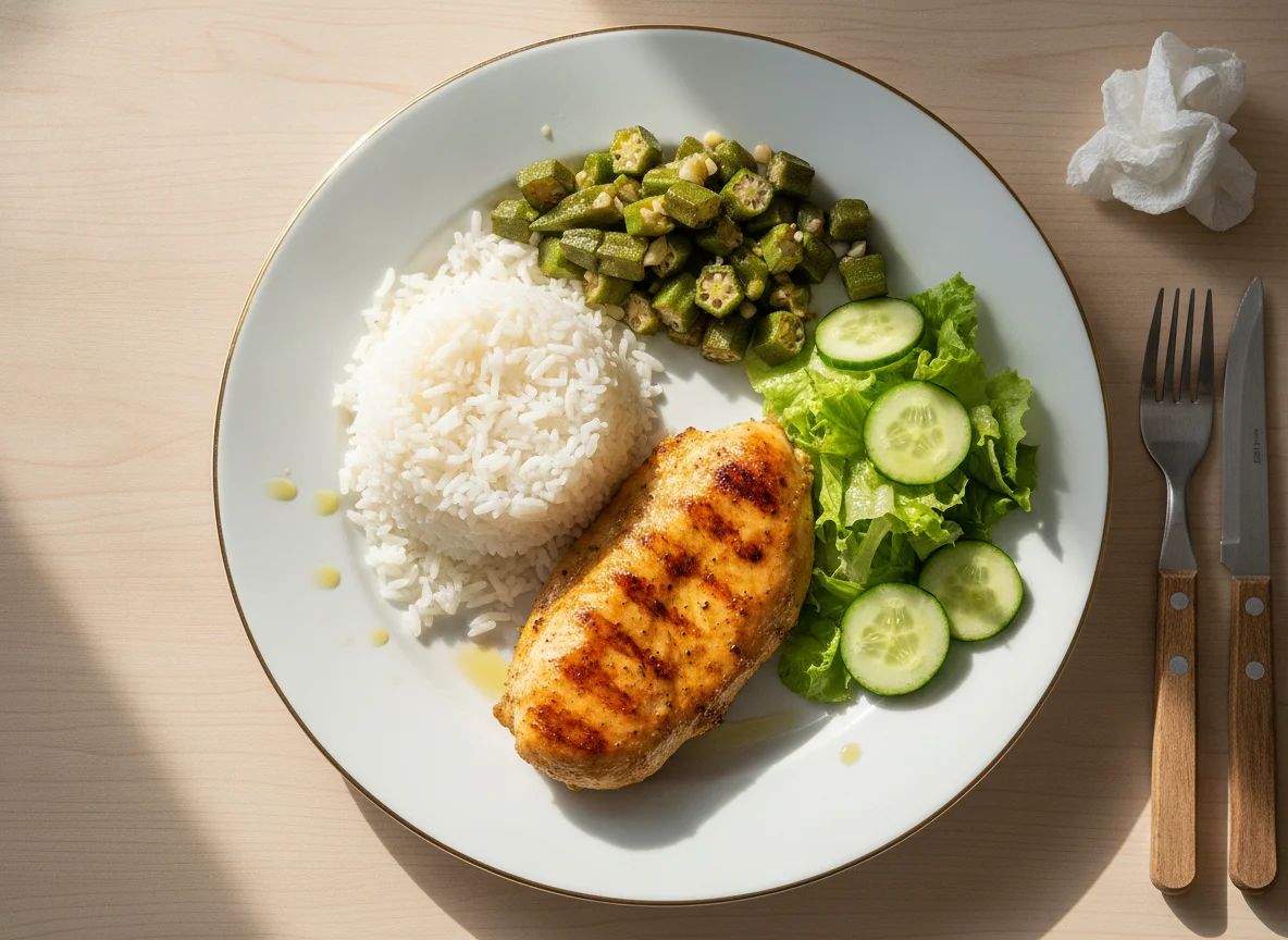 Prato Feito Brasileiro com Frango Grelhado, Arroz, Quiabo e Salada photo