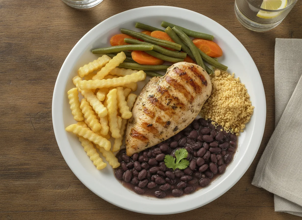 Prato Feito Brasileiro com Frango Grelhado, Batata Frita, Feijão e Legumes photo