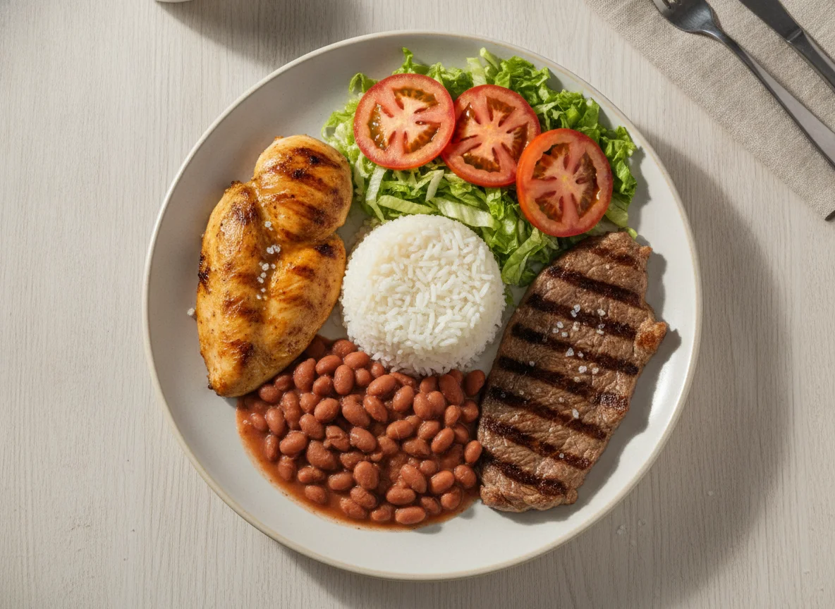 Prato feito brasileiro com frango grelhado, carne, arroz, feijão e salada photo