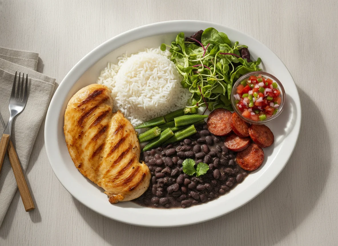 Prato feito brasileiro com frango grelhado, feijão, arroz e salada photo