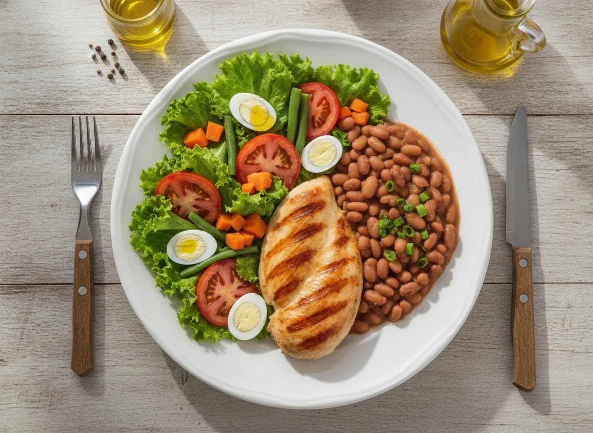 Prato feito brasileiro com frango grelhado, feijão e salada photo