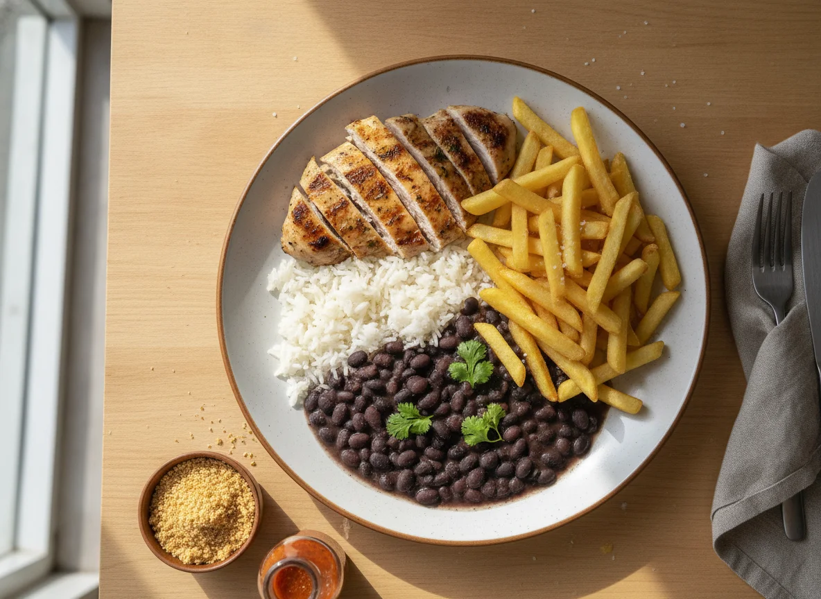 Prato Feito Brasileiro com Frango Grelhado, Feijão Preto e Batata Frita photo
