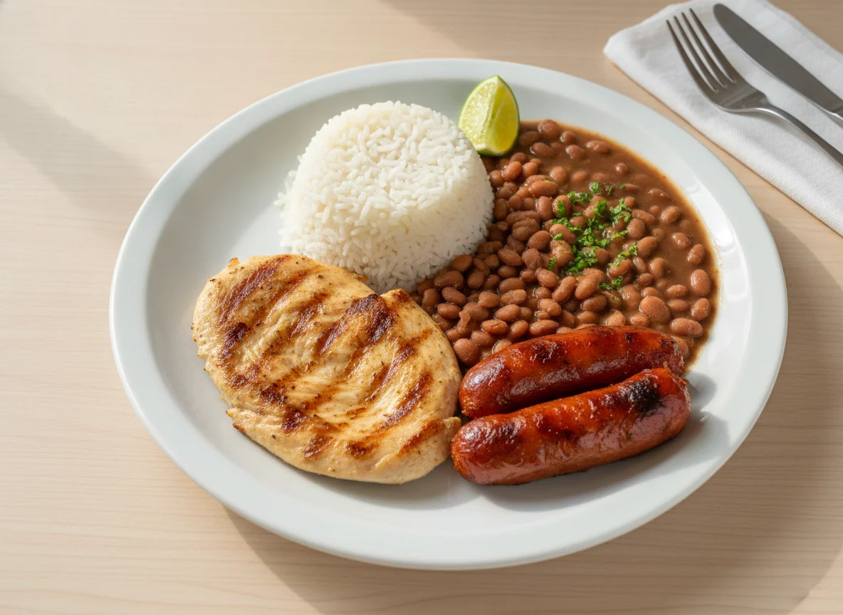 Prato feito brasileiro com frango, linguiça, arroz e feijão photo