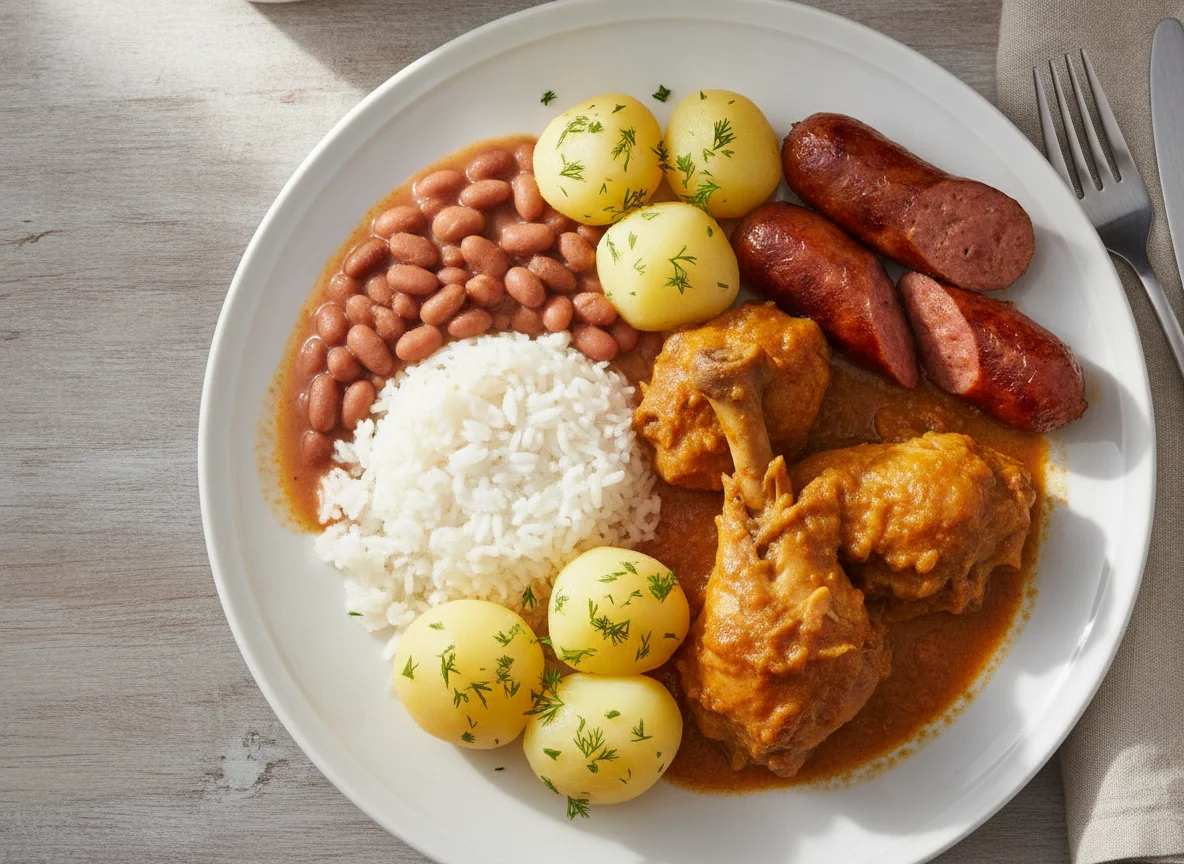 Prato Feito Brasileiro com Frango, Linguiça, Arroz, Feijão e Batatas photo