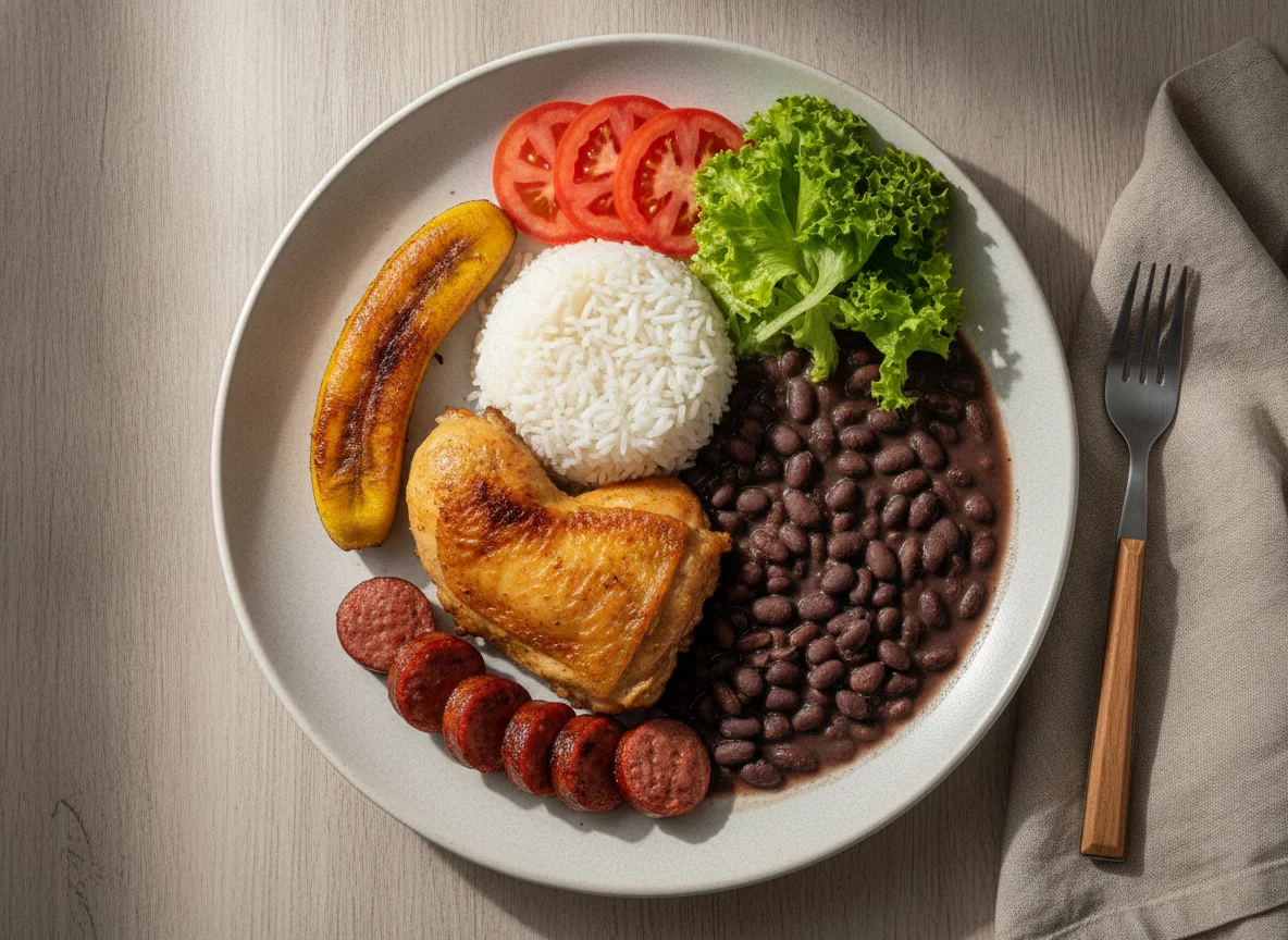 Prato Feito Brasileiro com Frango, Linguiça e Banana photo