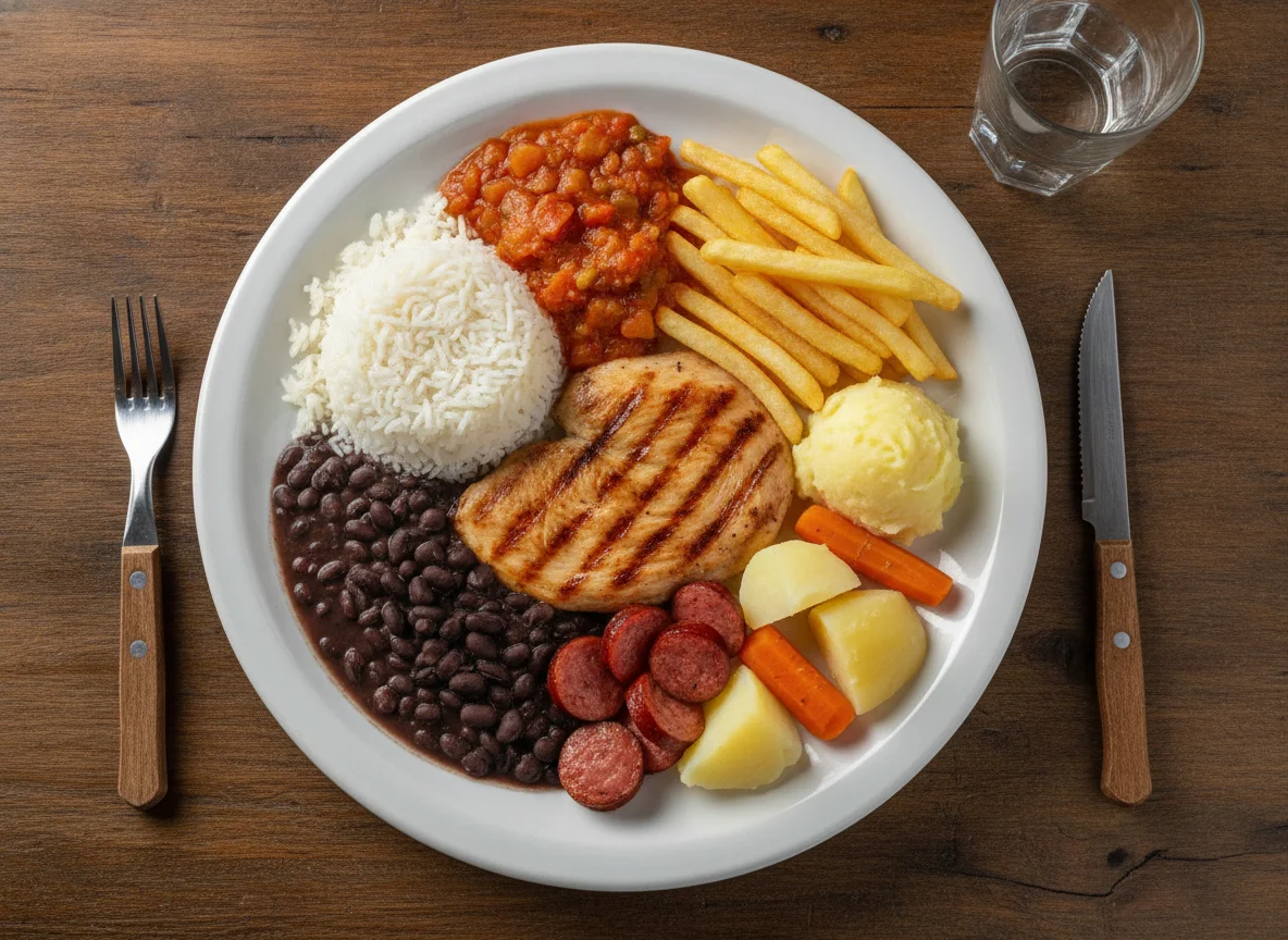Prato Feito Brasileiro com Frango, Linguiça e Batatas photo