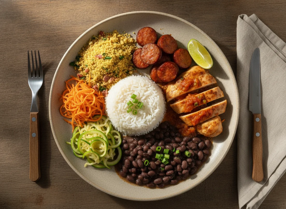 Prato Feito Brasileiro com Frango, Linguiça e Farofa photo