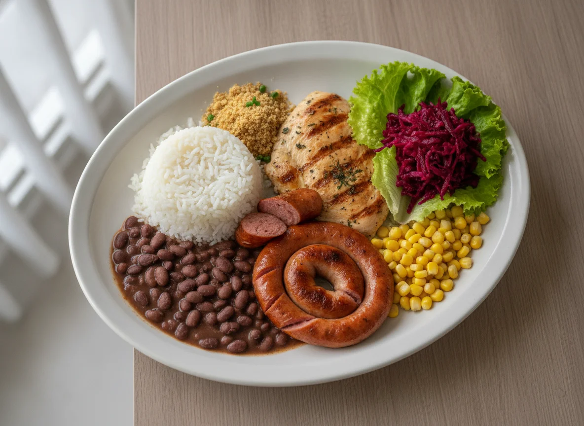 Prato Feito Brasileiro com Frango, Linguiça e Salada photo