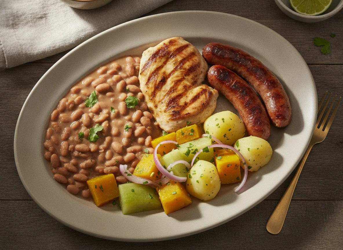 Prato Feito Brasileiro com Frango, Linguiça, Feijão e Legumes photo
