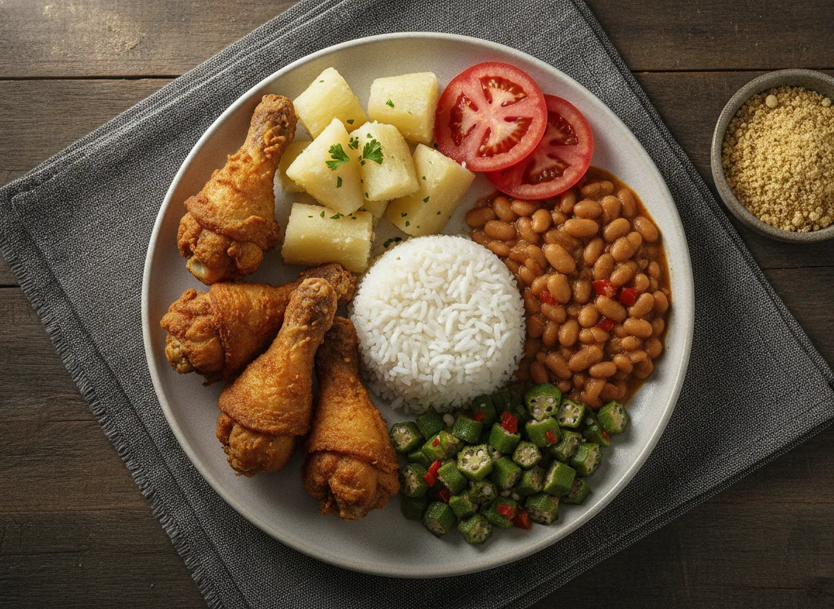 Prato Feito Brasileiro com Frango, Mandioca e Quiabo photo