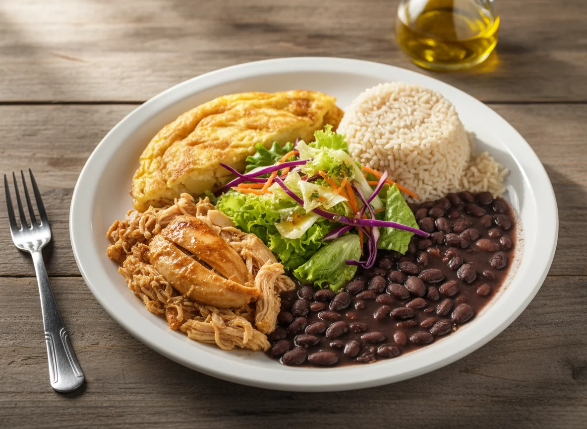Prato feito brasileiro com frango, omelete, arroz, feijão e salada photo