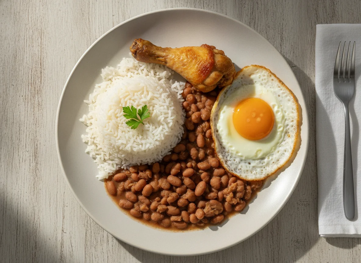 Prato feito brasileiro com frango, ovo, arroz e feijão photo