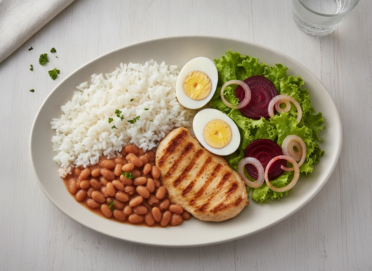 Prato feito brasileiro com frango, ovo e salada photo