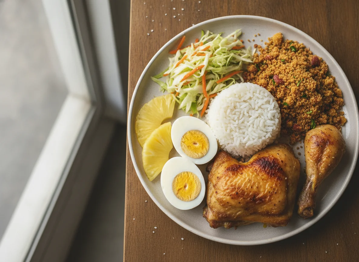 Prato Feito Brasileiro com Frango, Ovos e Farofa photo