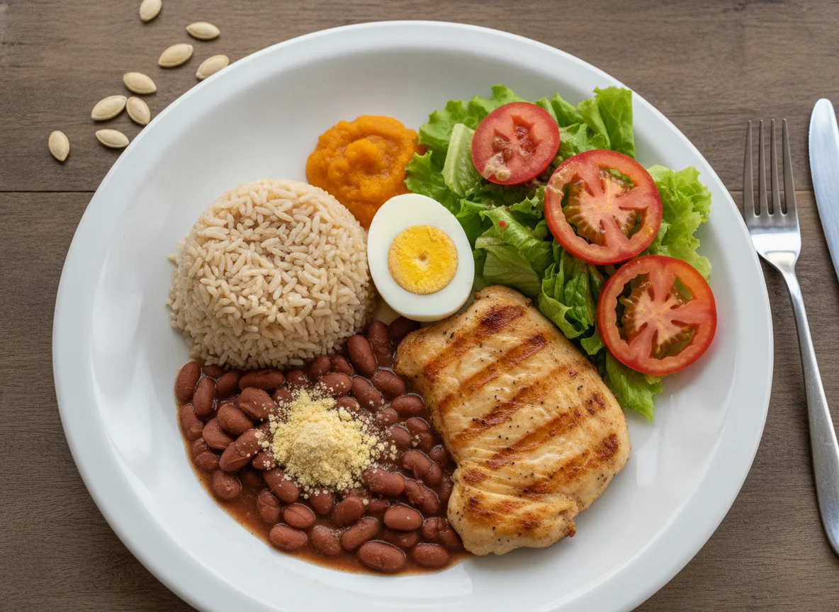 Prato feito brasileiro com frango, ovos e salada photo