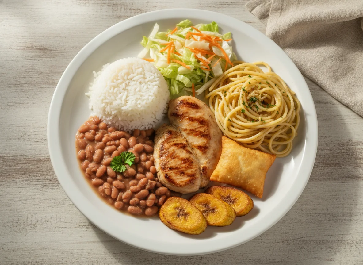 Prato Feito Brasileiro com Frango, Pastel e Macarrão photo