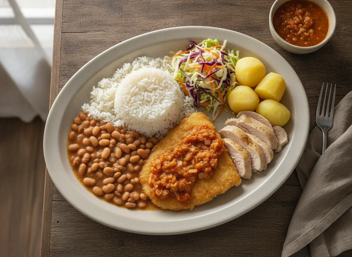 Prato Feito Brasileiro com Frango, Peixe e Acompanhamentos photo
