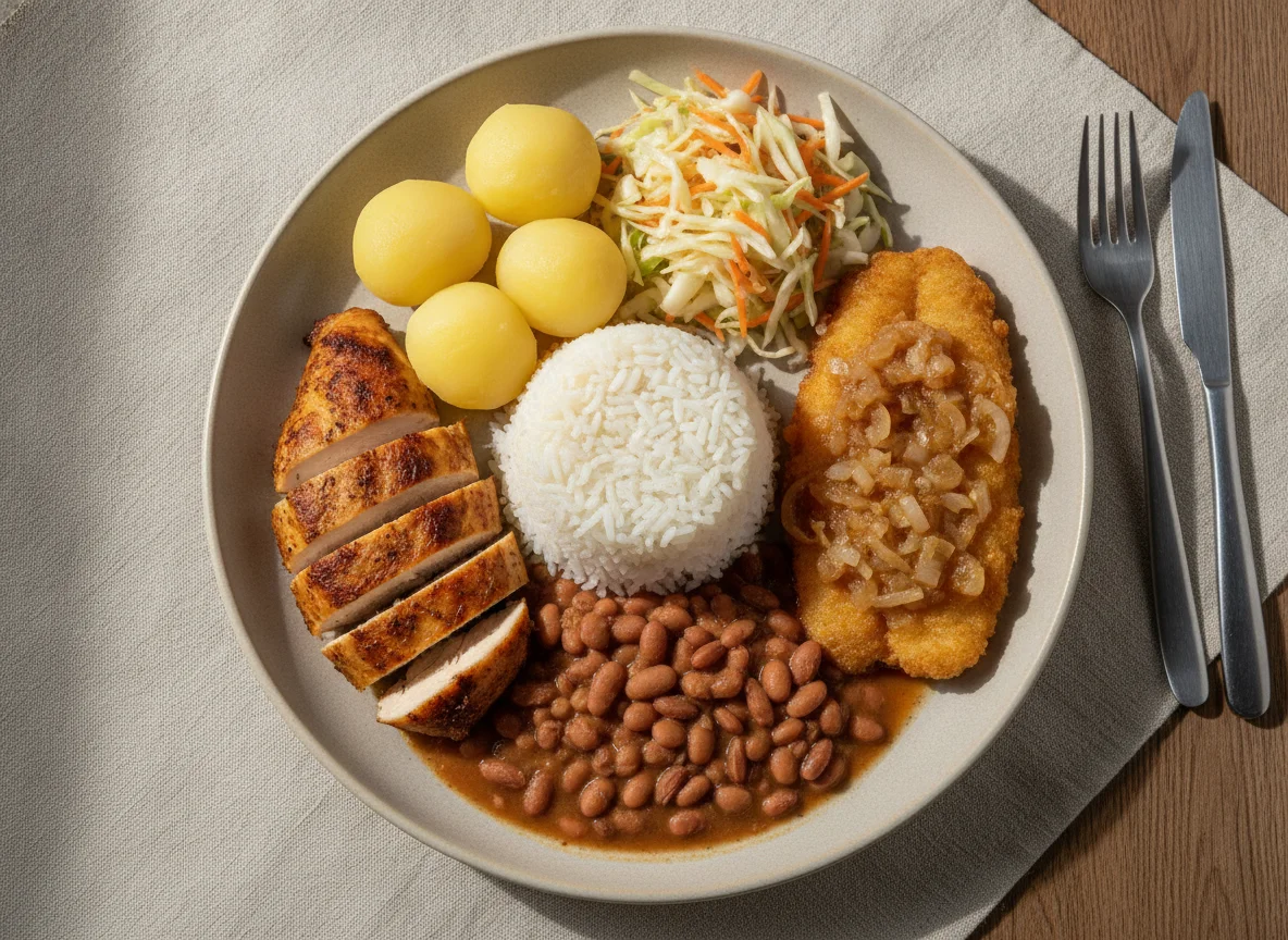Prato Feito Brasileiro com Frango, Peixe e Salada photo